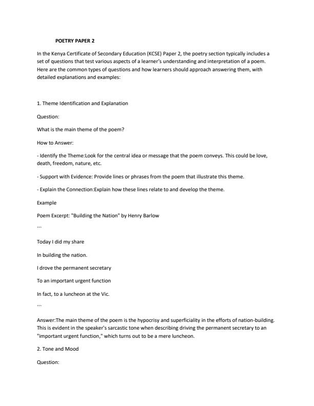 Page 1 – English Paper 2, Poetry Section Questions Answering Guide – Kenyaplex