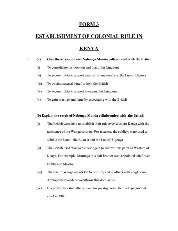 Page 1 – Establishment of Colonial Rule in Kenya Topical Questions and Answers: Form 3 History and Government – Kenyaplex