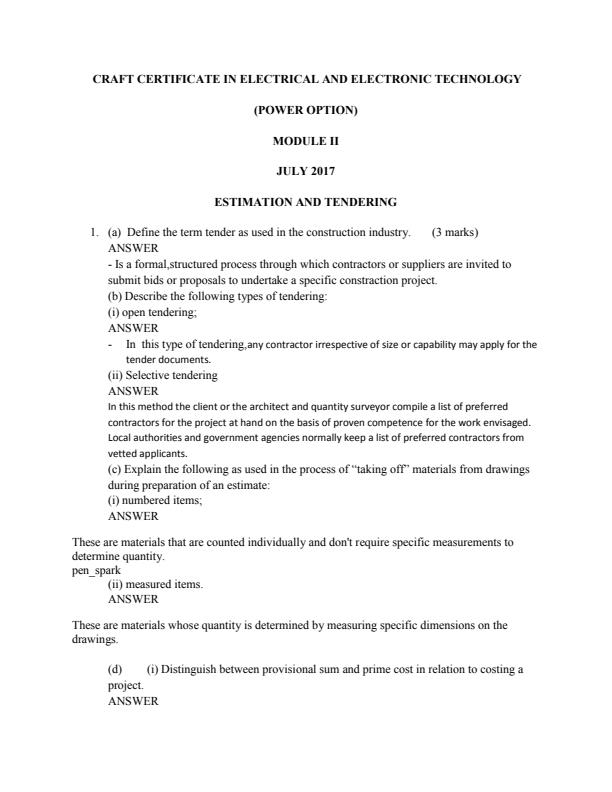 Page 1 – Estimation and Tendering Solved Past Paper (July 2017) – Kenyaplex