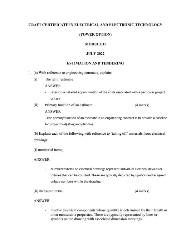 Page 1 – Estimation and Tendering Solved Past Paper (July 2022) – Kenyaplex