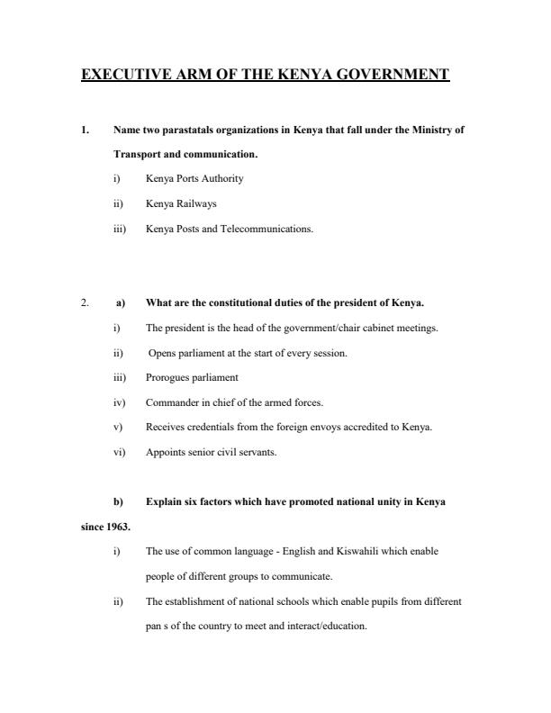 Page 1 – Executive Arm of the Kenya Government Topical Questions and Answers: Form 4 History and Government – Kenyaplex