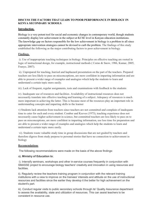 Page 1 – Factors that lead to poor performance of Biology in Kenya Secondary Schools – Kenyaplex