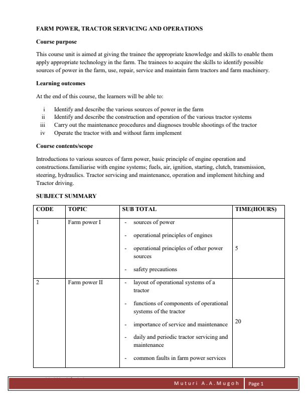 Page 1 – Farm Power, Tractor Servicing and Operations Notes – Kenyaplex