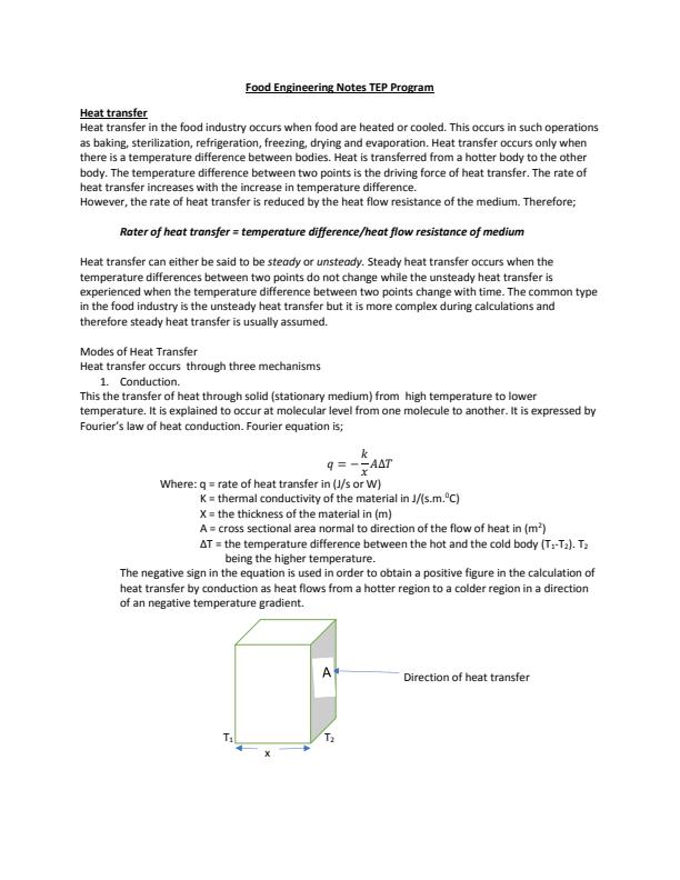 Page 1 – Food Engineering Notes on Heat Transfer: TEP Program – Kenyaplex