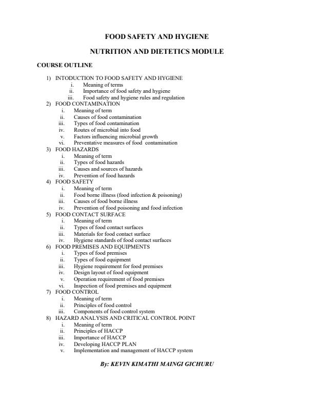 Page 1 – Food Safety and Hygiene Notes for Certificate and Diploma in Nutrition and Dietetics – Kenyaplex