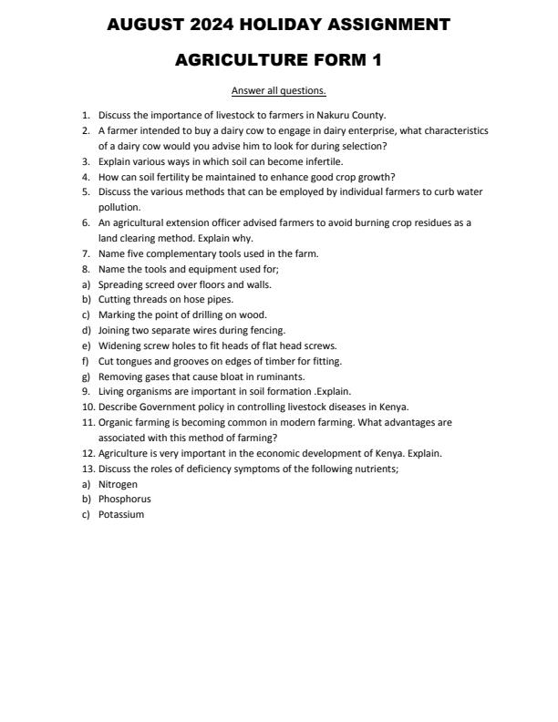 Page 1 – Form 1 Agriculture August 2024 Holiday Assignment – Kenyaplex