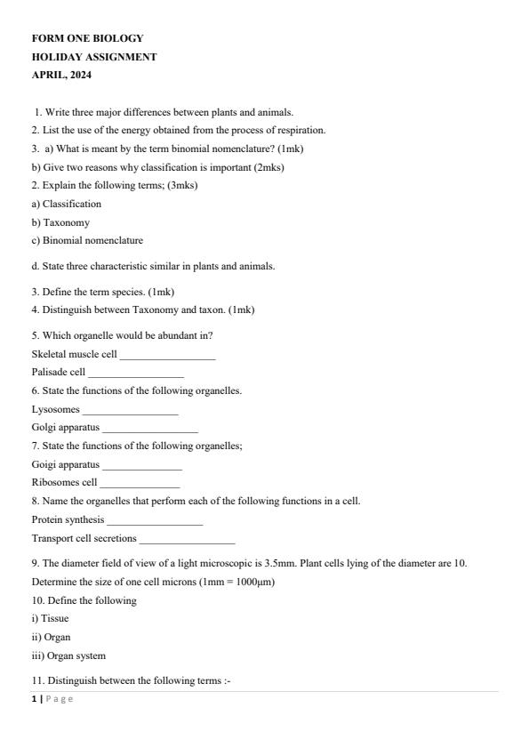 Page 1 – Form 1 Biology April 2024 Holiday Assignment – Kenyaplex