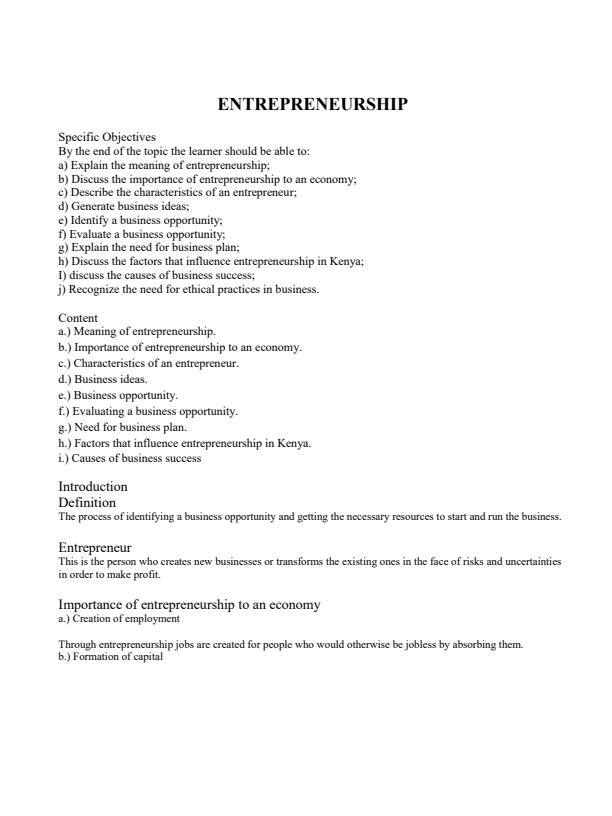 Page 1 – Form 1 Business Studies: Entrepreneurship Notes – Kenyaplex