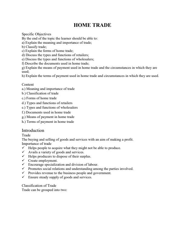 Page 1 – Form 1 Business Studies: Home Trade Notes – Kenyaplex
