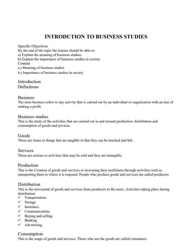 Page 1 – Form 1 Business Studies: Introduction to Business Studies Notes – Kenyaplex