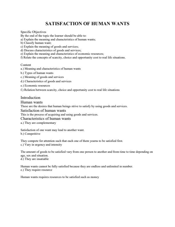 Page 1 – Form 1 Business Studies Notes on Satisfaction of Human Wants – Kenyaplex
