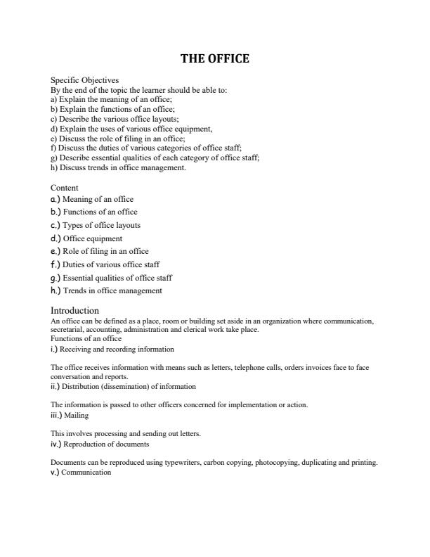 Page 1 – Form 1 Business Studies Notes on The Office – Kenyaplex