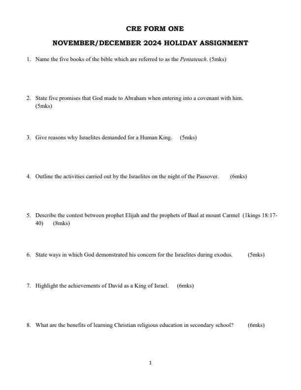 Page 1 – Form 1 CRE December 2024 Holiday Assignment – Kenyaplex