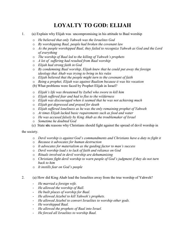 Page 1 – Form 1 CRE Topical Questions and Answers on Loyalty to God: Elijah – Kenyaplex