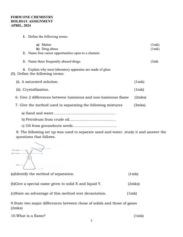 Page 1 – Form 1 Chemistry April 2024 Holiday Assignment – Kenyaplex