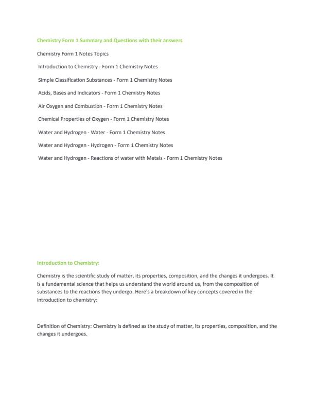 Page 1 – Form 1 Chemistry Summary and Questions With Answers   – Kenyaplex