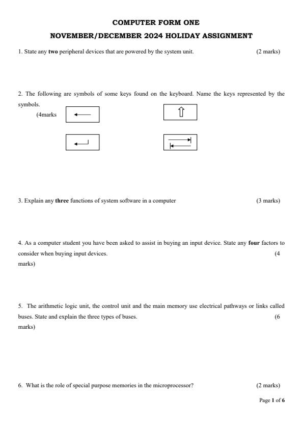 Page 1 – Form 1 Computer Studies December 2024 Holiday Assignment – Kenyaplex