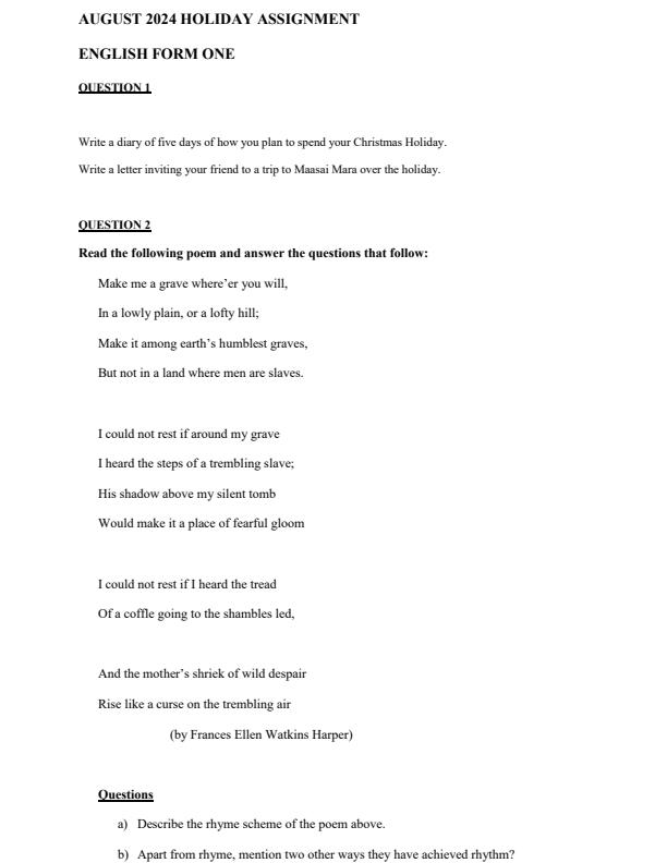 Page 1 – Form 1 English August 2024 Holiday Assignment – Kenyaplex