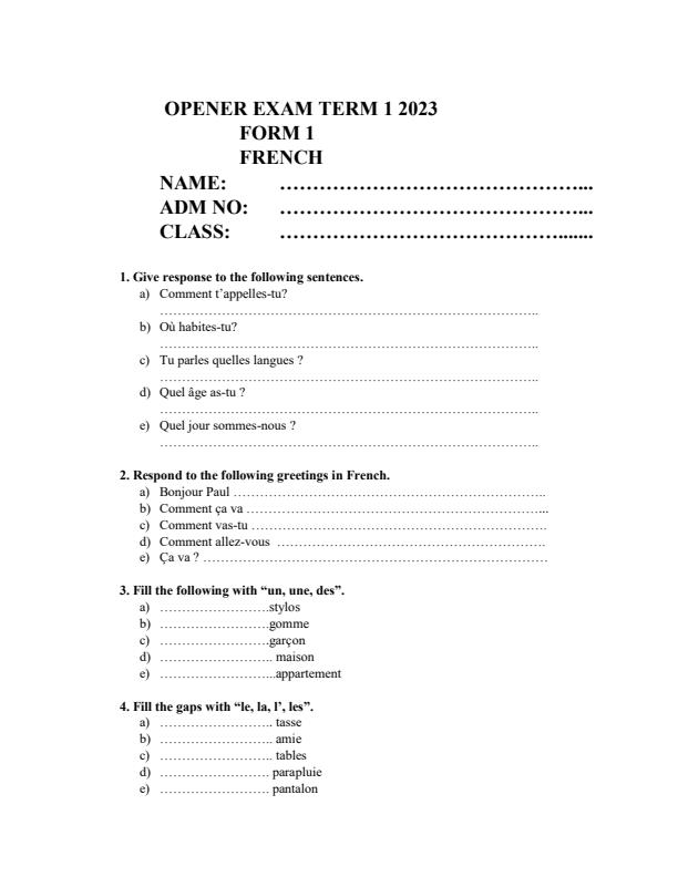 Page 1 – Form 1  French  Opener  Exam Term 2, 2023 – Kenyaplex