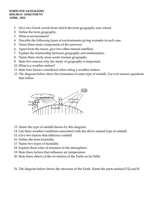Page 1 – Form 1 Geography April 2024 Holiday Assignment – Kenyaplex