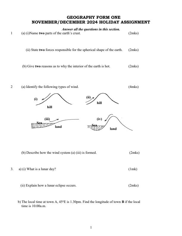 Page 1 – Form 1 Geography December 2024 Holiday Assignment – Kenyaplex