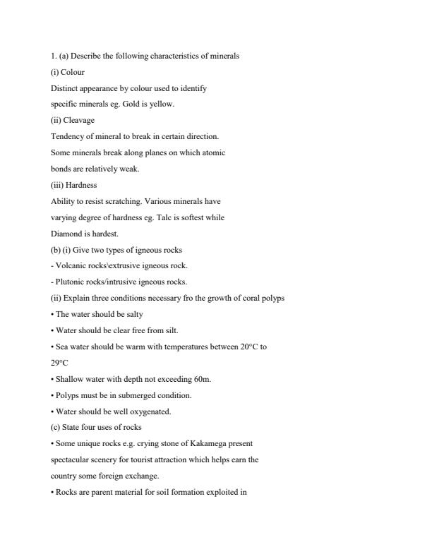 Form 1 Geography Rocks and Minerals Topical Questions and Answers 16104