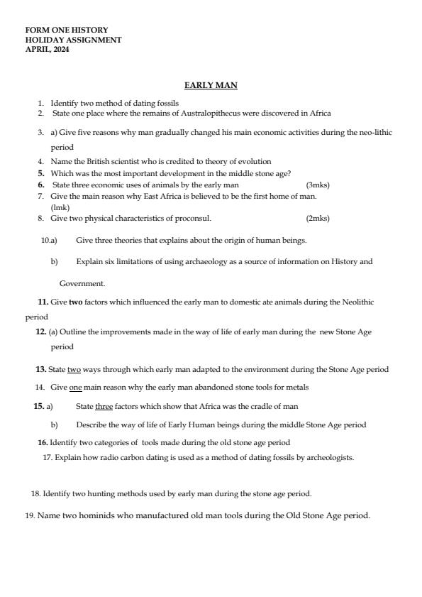 Page 1 – Form 1 History April 2024 Holiday Assignment – Kenyaplex