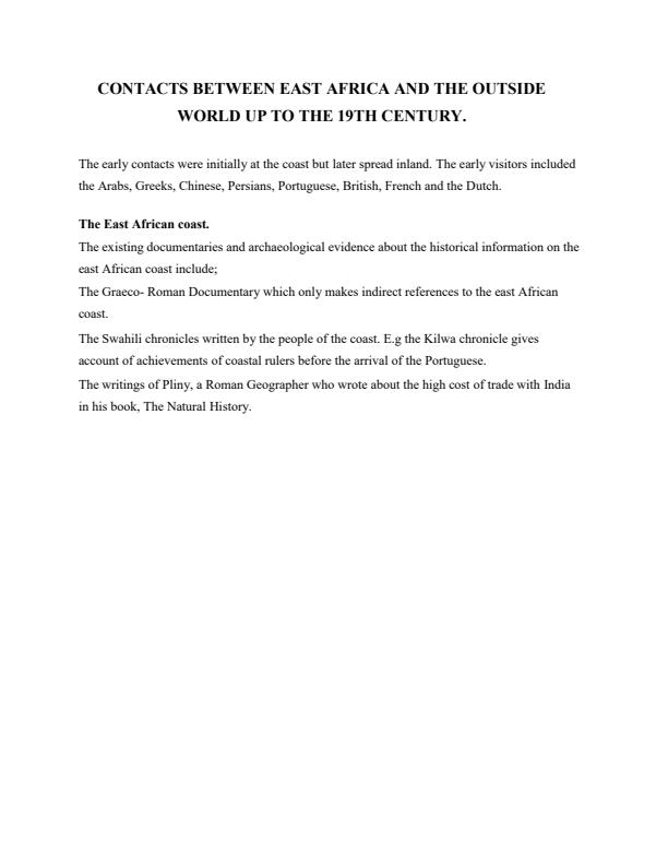 Page 1 – Form 1 History Notes on Contacts Between East Africa and the Outside World Upto the 19th Century – Kenyaplex
