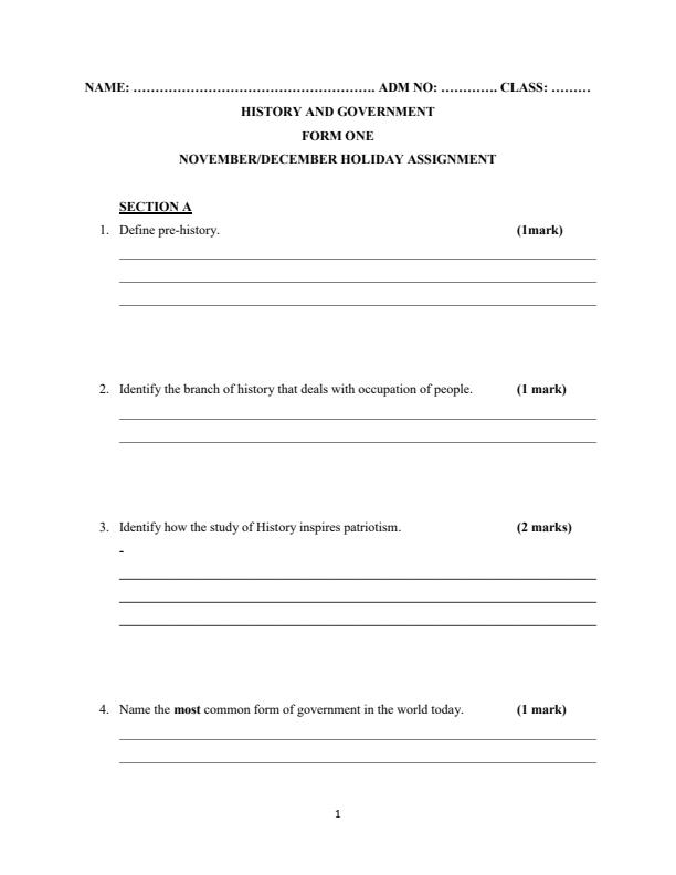 Page 1 – Form 1 History and Government December 2024 Holiday Assignment – Kenyaplex