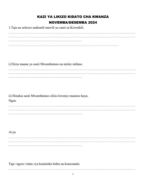 Page 1 – Form 1 Kiswahili December 2024 Holiday Assignment – Kenyaplex
