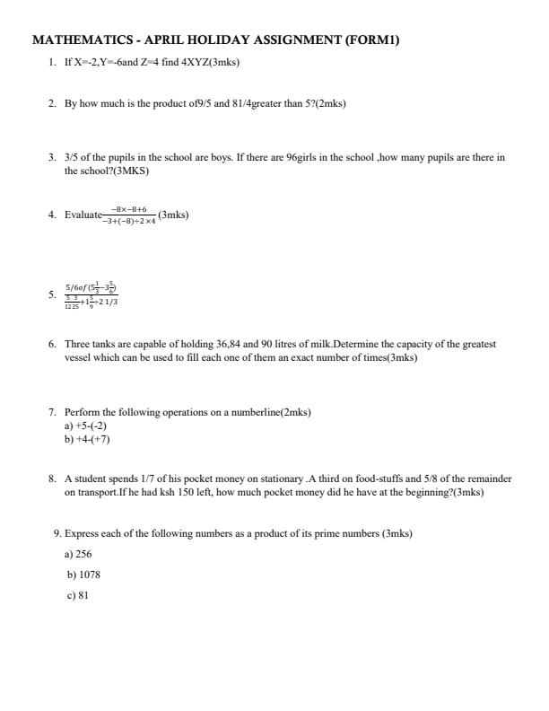 Page 1 – Form 1 Mathematics April Holiday Assignment 2023 – Kenyaplex