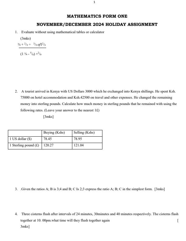 Page 1 – Form 1 Mathematics December 2024 Holiday Assignment – Kenyaplex