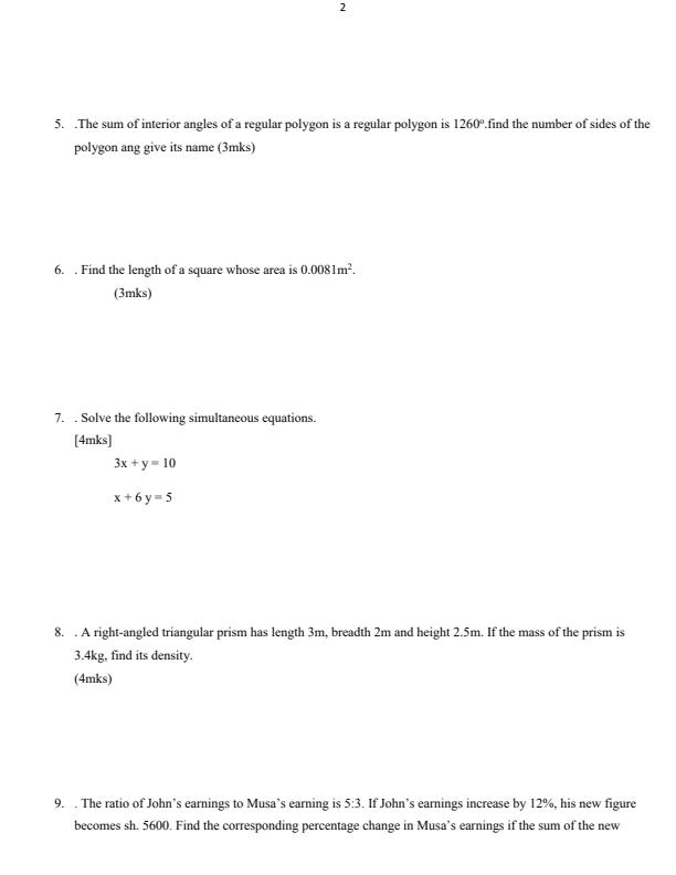 Page 2 – Form 1 Mathematics December 2024 Holiday Assignment – Kenyaplex