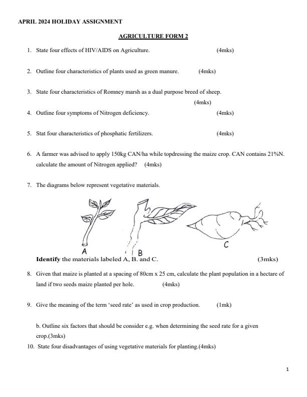 Page 1 – Form 2 Agriculture April 2024 Holiday Assignment – Kenyaplex
