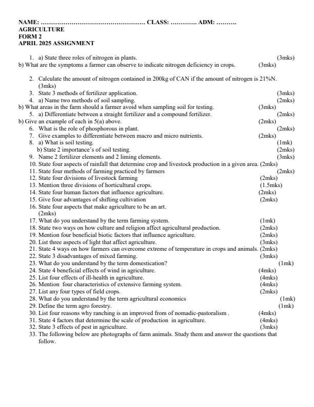 Page 1 – Form 2 Agriculture April 2025 Holiday Assignment – Kenyaplex