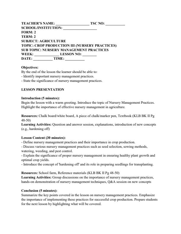 Page 1 – Form 2 Agriculture Lesson Plans Term 2 – Kenyaplex