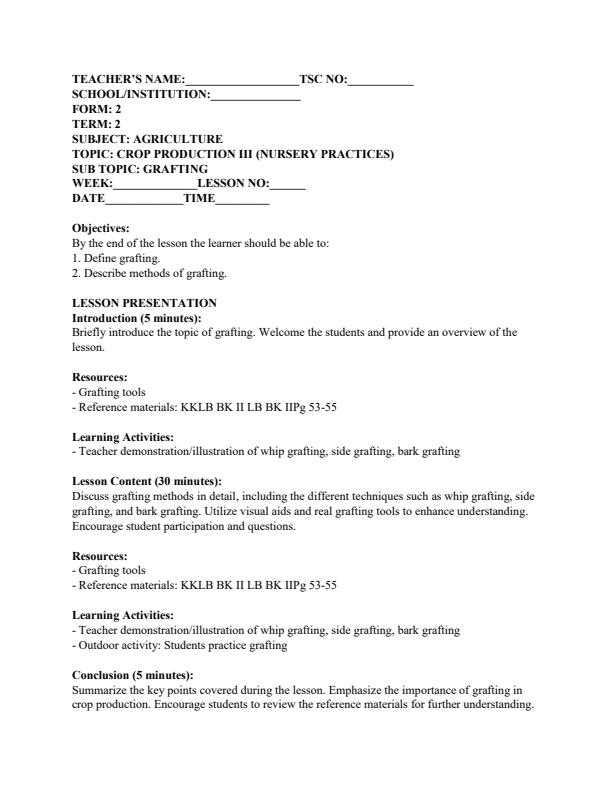 Page 3 – Form 2 Agriculture Lesson Plans Term 2 – Kenyaplex