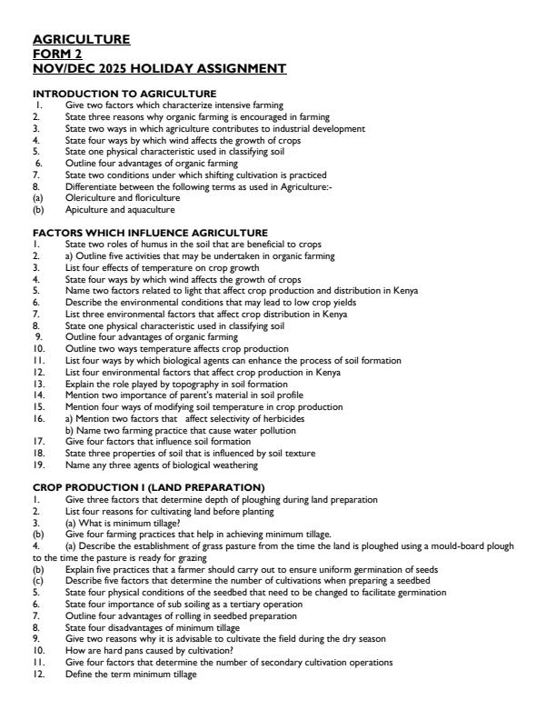 Page 1 – Form 2 Agriculture November/December 2025 Holiday Assignment – Kenyaplex