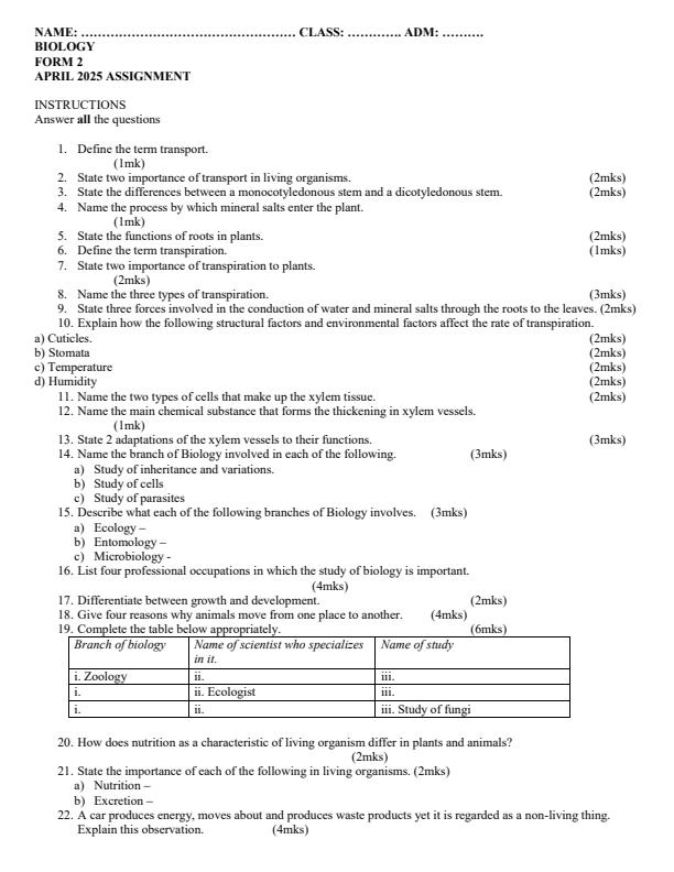 Page 1 – Form 2 Biology April 2025 Holiday Assignment – Kenyaplex