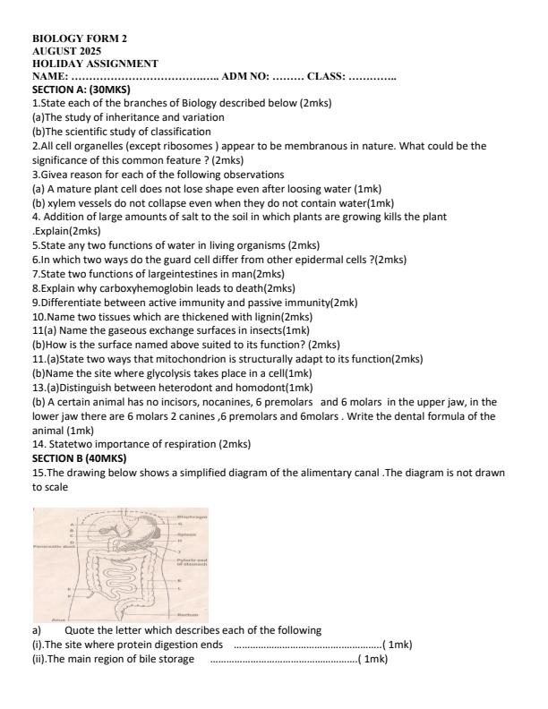 Page 1 – Form 2 Biology August 2025 Holiday Assignment – Kenyaplex