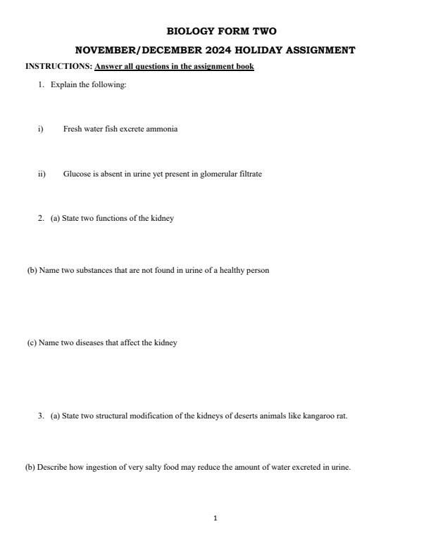 Page 1 – Form 2 Biology December 2024 Holiday Assignment – Kenyaplex