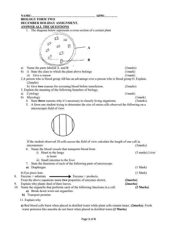 Page 1 – Form 2 Biology November/December 2025 Holiday Assignment – Kenyaplex