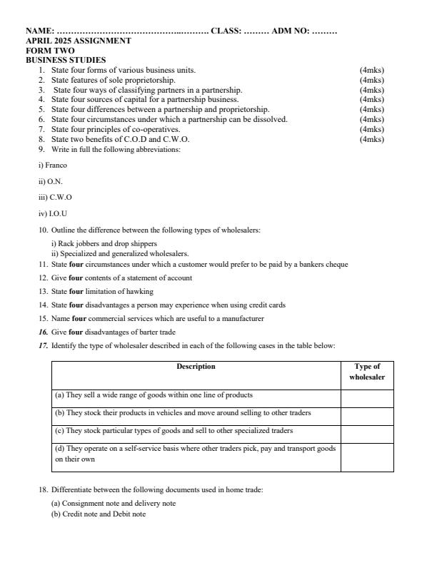 Page 1 – Form 2 Business Studies April 2025 Holiday Assignment – Kenyaplex