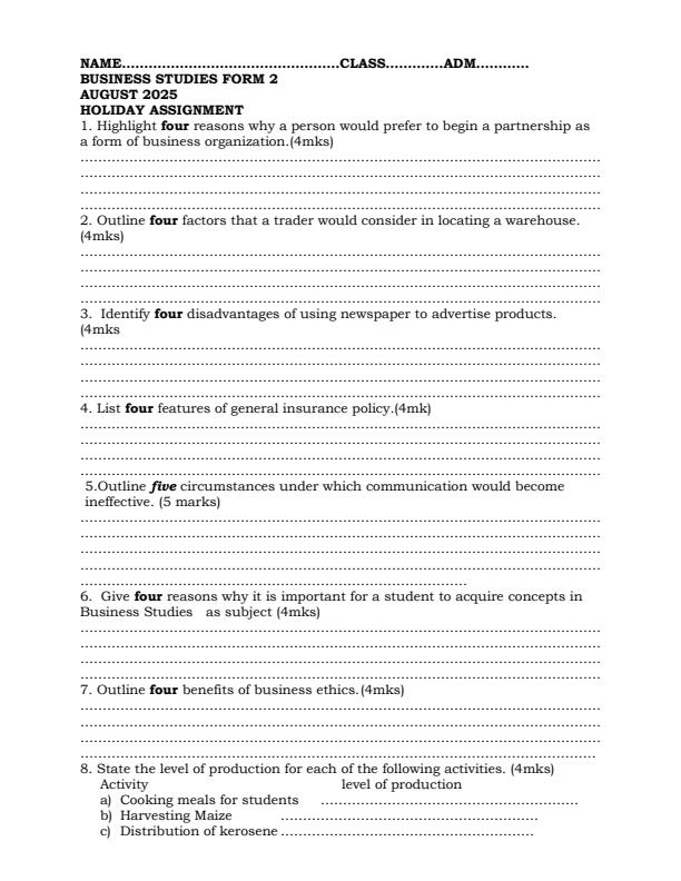 Page 1 – Form 2 Business Studies August 2025 Holiday Assignment – Kenyaplex