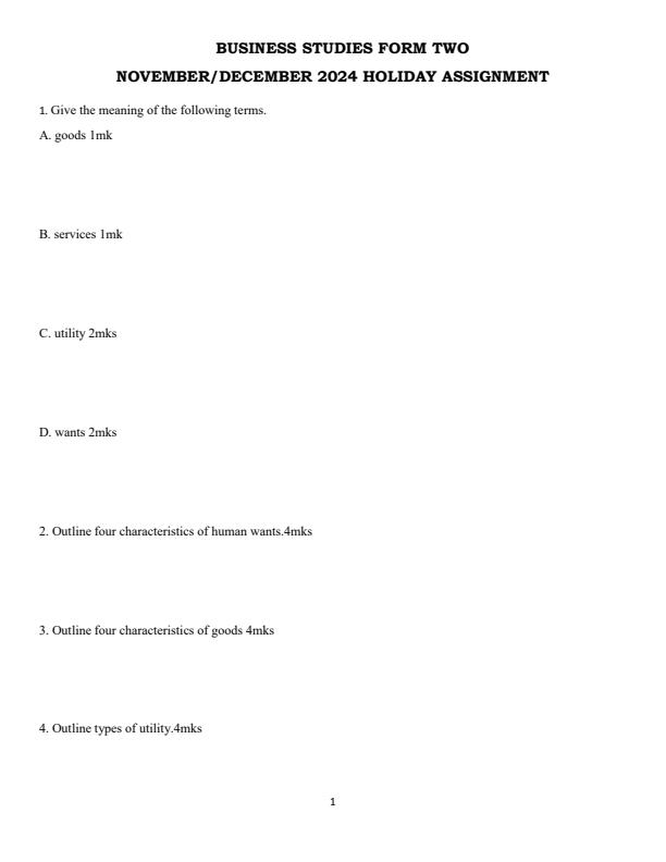 Page 1 – Form 2 Business Studies December 2024 Holiday Assignment – Kenyaplex