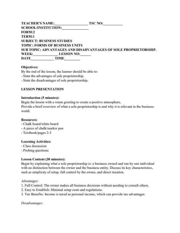 Page 4 – Form 2 Business Studies Lesson Plans Term 1 – Kenyaplex