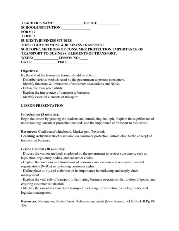 Page 1 – Form 2 Business Studies Lesson Plans Term 2 – Kenyaplex