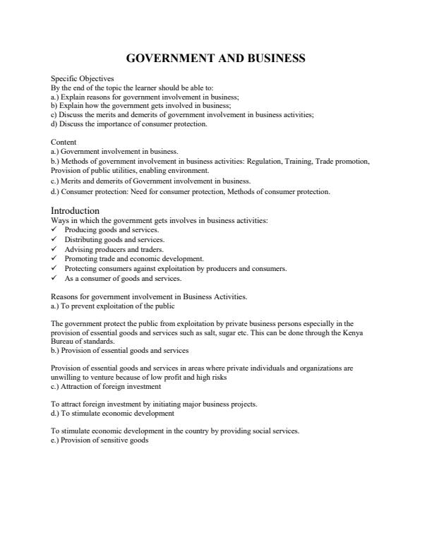Page 1 – Form 2 Business Studies Notes on Government and Business – Kenyaplex