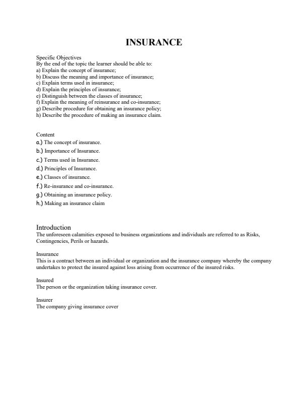 Page 1 – Form 2 Business Studies Notes on Insurance – Kenyaplex
