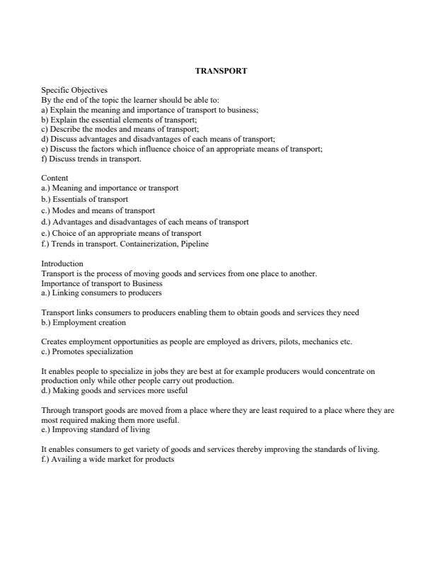 Page 1 – Form 2 Business Studies Notes on Transport – Kenyaplex